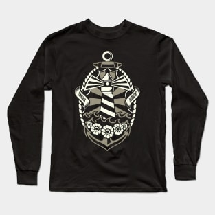 Retro Lighthouse And Anchor On Ocean Long Sleeve T-Shirt